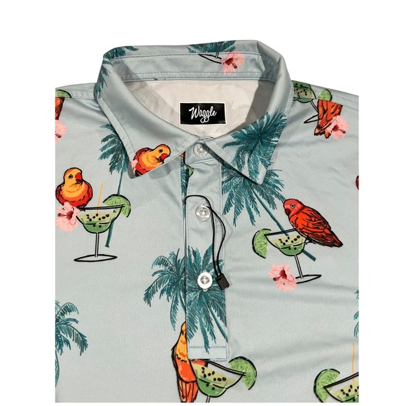 Waggle‎ Golf Polo Men's L Blue Margarita Birds All-Over Print Shirt - Picture 6 of 12